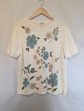 Vintage Alfred Dunner Knit Sweater Short Sleeve Embroidered Beaded Cream XL Top